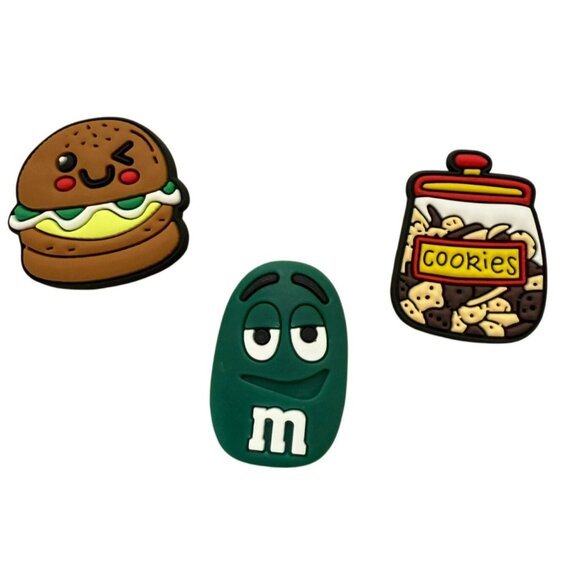Set Of 3 Fun Croc Food Shoe Charms - M&M Hamburger & Cookie Jar Shapes Colorful - Picture 1 of 5